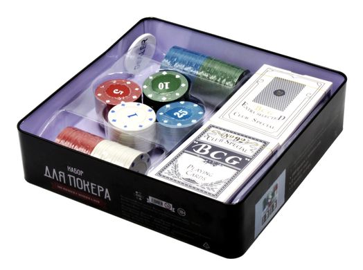 Фабрика Покеру: Набір з 100 фішок з номіналом для покеру з картами в жестяній коробці